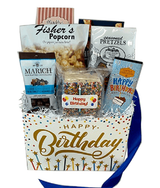 Celebrate this year with a Happy Birthday Sweet and Savory Gift Box.  Your gift will be filled with popcorn, pretzels, assorted chocolates, a Happy Birthday Crispery Cake with Candle, a Cake Batter Birthday Bar, Cookies and Cheese Crisps.  Sounds like a party to me!  Your gift will be wrapped in a clear cello wrap with a coordinating pom bow.