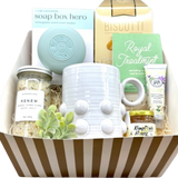 Send that someone special this gift box to help them through a hard day.  Your gift includes Royal Treatment Teas with locally sourced honey, a 16oz White Dot Mud Pie Mug, Almond Biscotti, a Soap Box Hero Splash Proof Speaker, Renew Bath Salts, Shea Butter Moistening Hand Cream, and a Ultra Soft, 100% Turkish Cotton Robe.  Your gift contents will be boxed in a gourmet gift box with the robe hand placed and bow tied on the lid.