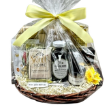 Welcome to Your New Home.  Make it a great morning with this Home Sweet Home gift basket.  Featuring Buttermilk Pancake Mix, Maple Syrup, Banana Jam with a and a vintage silver spreader with saying, a Perfect Pot of Coffee, Ginger Chews, Almond Biscotti, Zesty Lemon Wafers, and Chocolate Covered Coffee Beans.  Your gift will be wrapped in a clear cello with a festive tie bow.