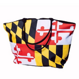 This Maryland Flag Large Tote Bag is perfect for carrying your towels, sunglasses, and all your accessories for a day at the beach, a weekend get-away or to carry snacks and camping accessories to the woods. 100% Polyester with Interior Lining Interior Zipper Pocket Size: 20.9" (W) x 7.3" (D) x 14.2" (H).