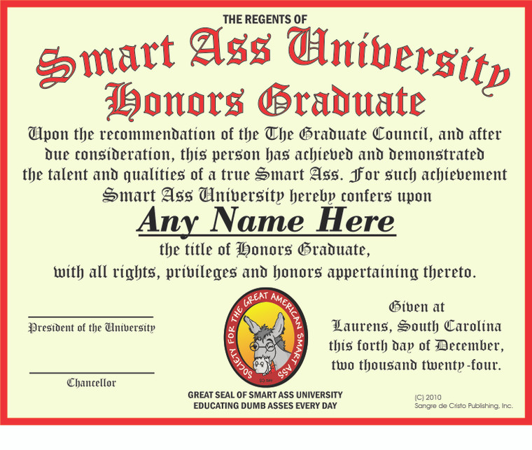 Honors Graduate Certificate, Personalized Funny Gag Gift, Joke Gift, Office Birthday Christmas Gift, April Fools Joke