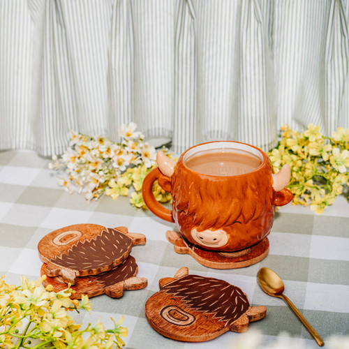 Highland Cow Wooden Coasters -  Set of 4