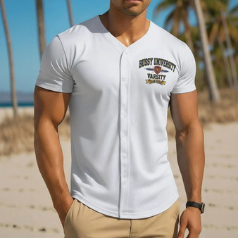 ARE YOU A TEAM PLAYER? Bussy University Varsity Apparel Men's Short Sleeve Baseball Jersey