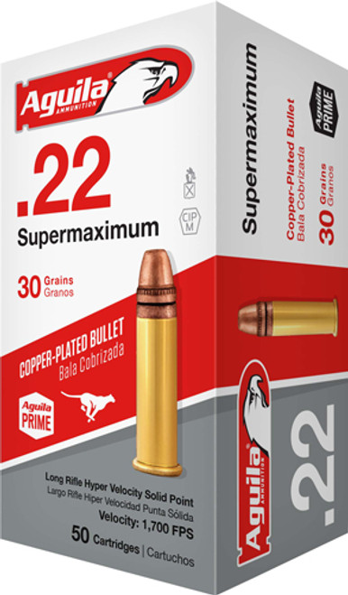 Aguila .22 Long Rifle Supermaximum Hyper Velocity Copper Plated Solid Point 30 Grain 1000/Box