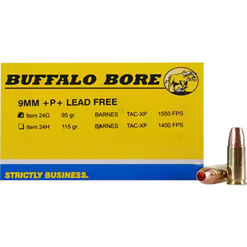 Buffalo Bore 9mm Luger / Parabellum +P+ Barnes TAC-XP Lead Free 95 Grain 20/Box Buffalo Bore 9mm Luger / Parabellum +P+ Barnes TAC-XP Lead Free 95 Grain 20/Box