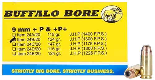 Buffalo Bore 9mm Luger / Parabellum Personal Defense +P+ Jacketed Hollow Point 124 Grain 20/Box
