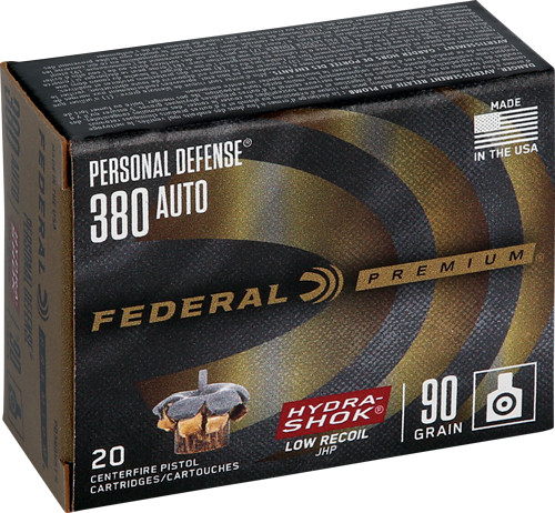 Federal .380 ACP/Auto Premium Personal Defense Low Recoil Hydra-Shok Jacketed Hollow Point 90 Grain 20/Box Federal .380 ACP/Auto Premium Personal Defense Low Recoil Hydra-Shok Jacketed Hollow Point 90 Grain 20/Box