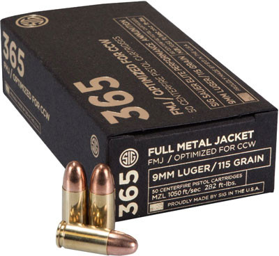 Sig Sauer 9mm Luger / Parabellum Elite Performance Low Recoil 365 Full Metal Jacket 115 Grain 50/Box