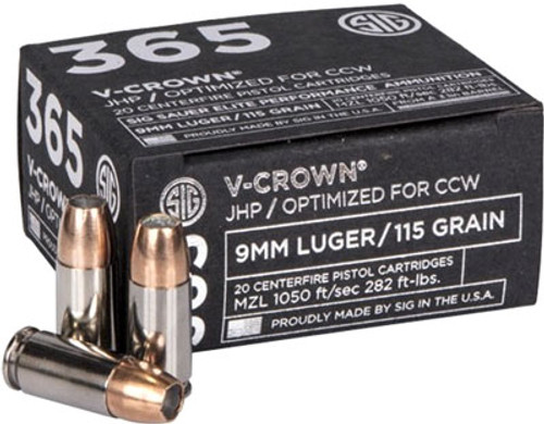 Sig Sauer 9mm Luger / Parabellum Elite Performance V-Crown Low Recoil 365 Jacketed Hollow Point 115 Grain 20/Box