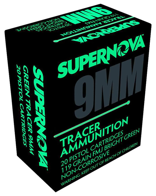Supernova 9mm Luger / Parabellum Green Tracer Non Corrosive Full Metal Jacket 119 Grain 20/Box