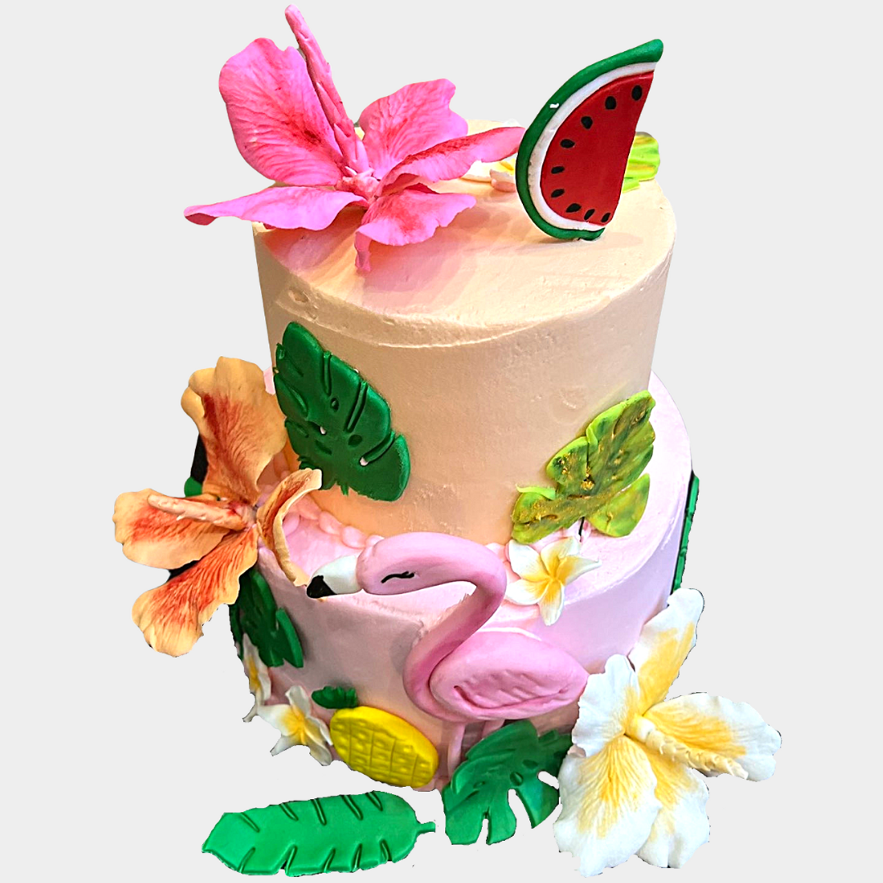 Lois's Little Cake Company - Tropical flamingo cake kind of a day  #tropicalcake #flamingocake #watermelon #pineapple #happyvibes💜  #cakeshopsandbach #cheshirebirthdaycakes #vip | Facebook