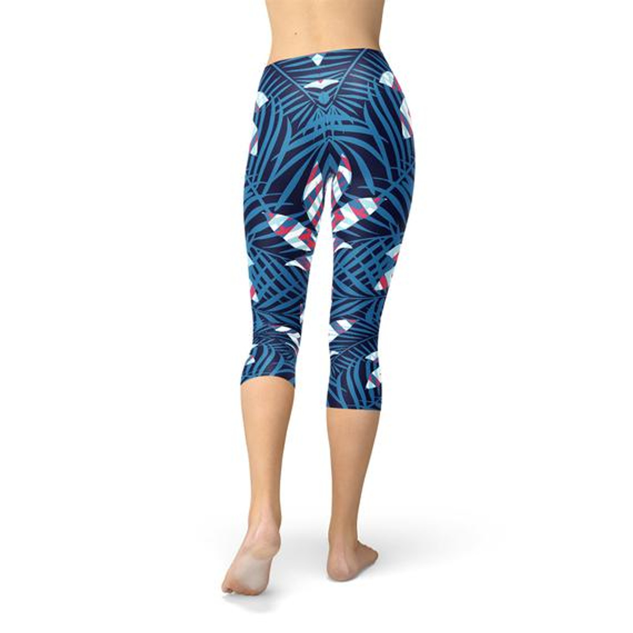Blue Tropical Leaf Capri Leggings for Women - Amark Store