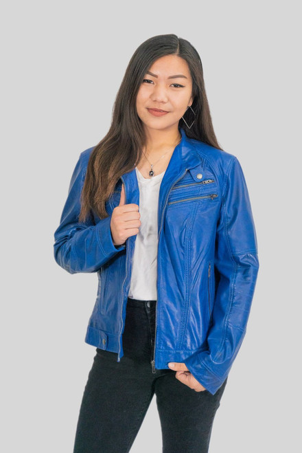 Ladies Elektra Washed Leather Jacket Blue