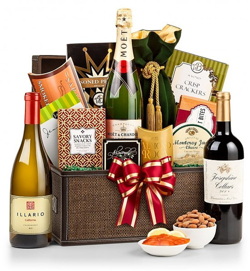 Make a great impression with this sophisticated chest of premium wine or champagne with decadent sweets and savory snacks.