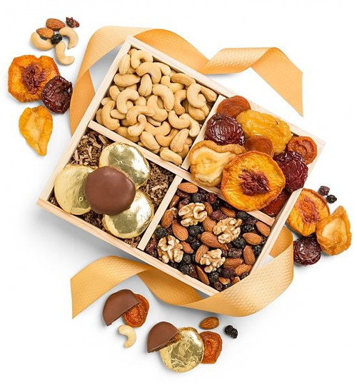 An enduring crate features an open window glimpse into healthy indulgence - dried stone fruits, fresh jumbo cashews, chocolate dipped apricots and more An enduring crate features an open window glimpse into healthy indulgence - dried stone fruits, fresh jumbo cashews, chocolate dipped apricots and more