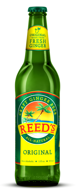 Reed's Original Ginger Beer in 12 oz. glass bottles.