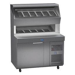 Randell 8148D-290 - One Section Solid Door 6.21 cu ft 48”W Stainless Steel Refrigerated Raised Condiment Double Rail Prep Tables | 48 inch Wide Pizza / Sandwich / Salad Prep Table With 11 (⅓ Size) Pan Capacity and Dual Tier Rail