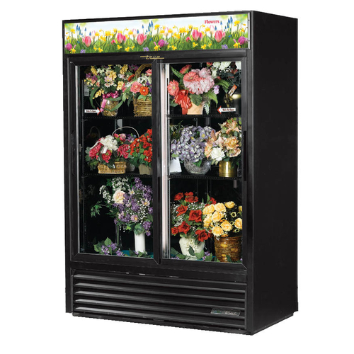 True GDM-47FC-HC-LD 54 1/8" Black Refrigerated Sliding Glass Door Floral Case with LED Lighting, Refrigerant R290, 44.2 Cu. Ft.