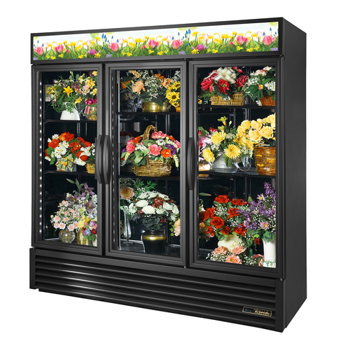 True GDM-72FC-HC~TSL01 78 1/8" Black Refrigerated Glass Door Floral Case with LED Lighting, Refrigerant R290, 65.8 Cu. Ft.