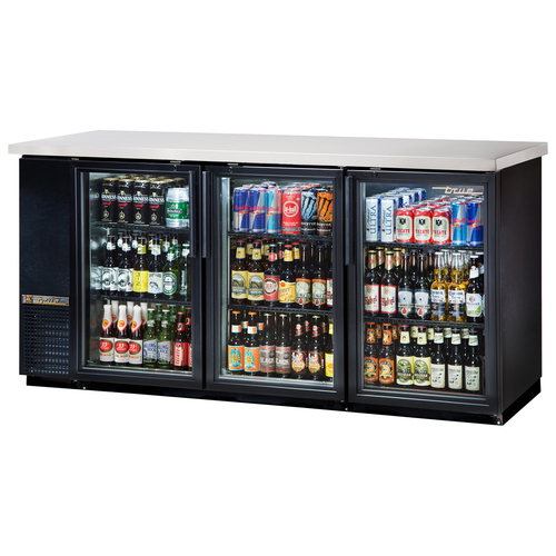 True TBB-24-72G-HC-LD 73 1/8" Black Narrow Glass Door Back Bar Refrigerator with LED Lighting, Black, Refrigerant R290, 105 Six-Packs Can Capacity