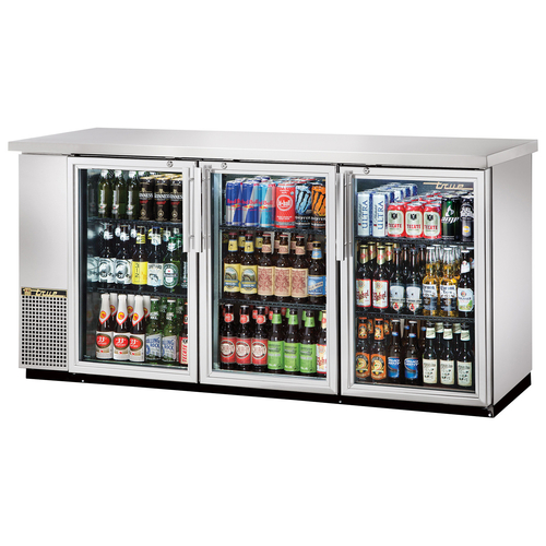 True TBB-24-72G-SD-HC-LD 73 1/8" Swing Glass Door Narrow Back Bar Refrigerator with LED Lighting, Silver, Refrigerant R290, 105 Six-Packs Can Capacity