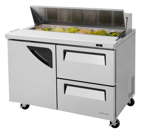 Turbo Air TST-48SD-D2-N 48.25'' 1 Door 2 Drawer Counter Height Refrigerated Sandwich / Salad Prep Table with Standard Top Refrigerant R290, 12 Cu. Ft.