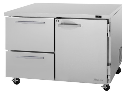 Turbo Air PUF-48-D2R(L)-N 48.25'' 2 Section Undercounter Freezer with 1 Solid Door 2 Drawers and Side / Rear Breathing Compressor Refrigerant R290 12.2  Cu. Ft