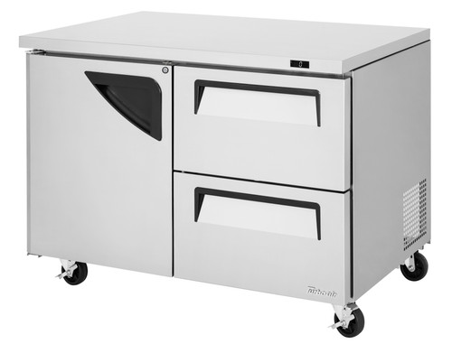 Turbo Air TUF-48SD-D2-N 48.25'' 2 Section Undercounter Freezer with 1 Left Hinged Solid Door 2 Drawers and Side / Rear Breathing Compressor  Refrigerant  R290 12.2 Cu. Ft