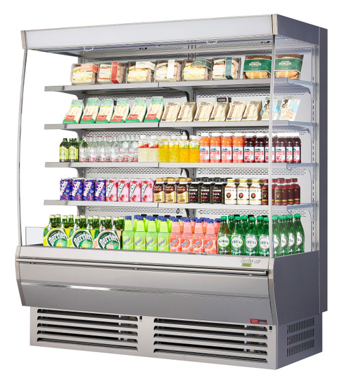 Turbo Air TOM-72DXS-N 68.75'' Stainless Steel Vertical Air Curtain Open Display Merchandiser with 8 Shelves   Refrigerant  R290  34.1  Cu. Ft 