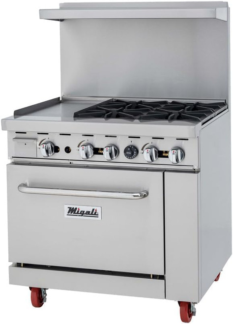 Migali C-RO4B-12GL-NG - 4 Burner Gas Range w/ 12" Griddle and Oven(1), Natural Gas - Left Side - 32,000 BTU/Burner