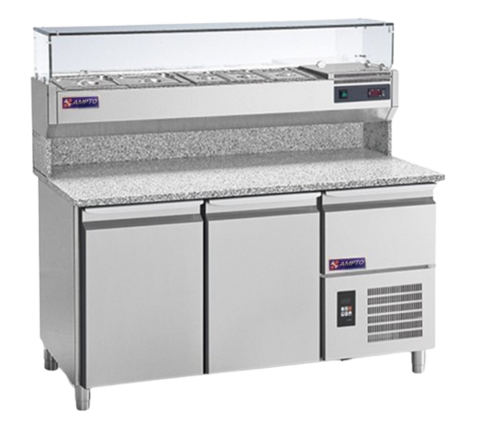 AMPTO MPP-2US - 63"W Commercial Pizza Prep Table - 2 Solid Doors Granite Top Refrigerated Pizza Prep Station - 12 Cu/Ft