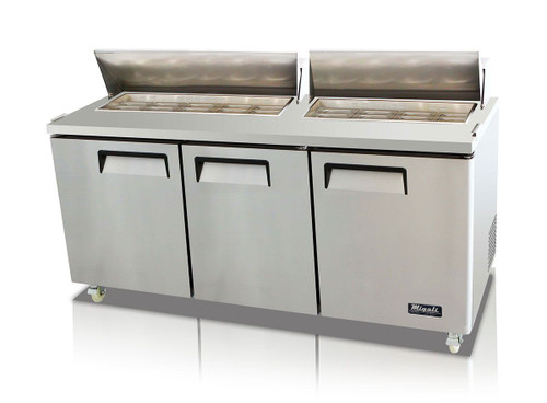 Migali C-SP72-18-HC Three Section Solid Hinged Door Triple Shelf 24.5 cu ft 72.7"W Stainless Steel Competitor Series Rear Mounted Refrigerated Counter / Sandwich Prep Tables - 24.5 cubic feet 72.7 inch wide with 18 Pans Capacity, 3 Swing Doors, 3 Shelves and R290 Refrigerant