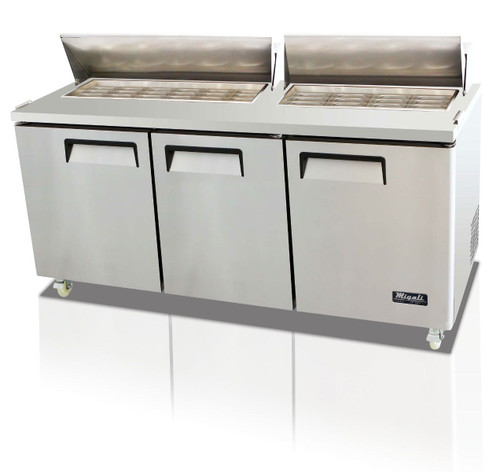 Migali C-SP72-30BT-HC Three Section Solid Hinged Door Three Shelf 24.5 cu ft 72.7"W Stainless Steel Competitor Series Rear Mounted Refrigerated Counter / Big Top Sandwich Prep Tables - 24.5 cubic feet 72.7 inch wide with 30 Pans Capacity, 3 Swing Doors, 3 Shelves and R290 Refrigerant