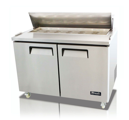 Migali C-SP48-12-HC Two Section Solid Hinged Door 12 cu ft 48.2"W Stainless Steel Competitor Series Rear Mounted Refrigerated Counter / Sandwich Prep Tables - 12 cubic feet 48.2 inch wide with 12 Pans Capacity 2 Swing Doors and R290 Refrigerant