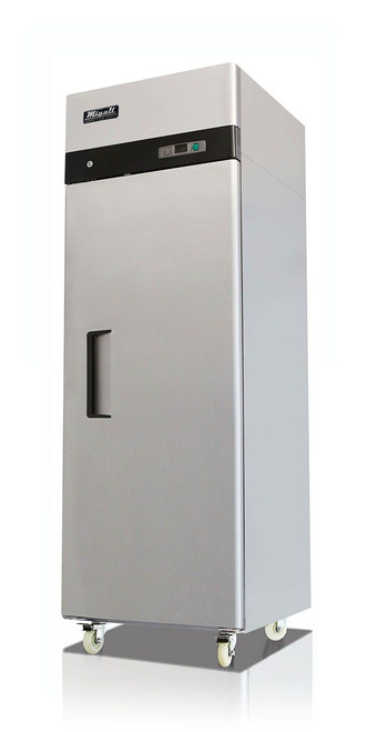 Migali C-1F-HC - One Section Solid Right Hand Hinged Door 23 cu ft 28.7"W Stainless Steel Competitor Series Top Mounted Reach-In Freezers  | 23 cubic feet 28.7 inch wide with 1 Swing Door, 3 Shelves, R290 Refrigerant and Energy Star