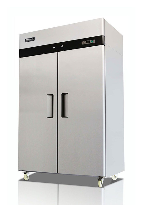 Migali C-2F-HC - Two Section Solid Hinged Door 49 cu ft 51.7"W Stainless Steel Competitor Series Top Mounted Reach-In Freezers  | 49 cubic feet 51.7 inch wide Reach In Freezer with 2 Swing Doors, 6 Shelves, R290 Refrigerant and Energy Star