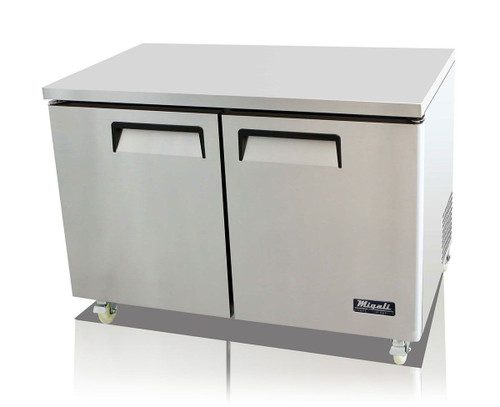 Migali C-U48F-HC Two Section Solid Hinged Door 2 Shelf 12 cu ft 48.2"W Stainless Steel Competitor Series Rear Mounted Reach-In Under-Counter and Work top Freezers | 12 cubic feet 48.2 inch wide Undercounter & Worktop Freezer with Double Swing Doors, R290 Refrigerant & Energy Star