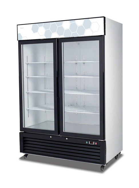 Migali C-49RM-HC Two Section Hinged Glass Door 49 cu ft 54.4"W White Coated Steel Competitor Series Reach-In Refrigerator Merchandisers | 49 cubic feet 54.4 inch wide Merchandising Refrigerators with 2 Dual Pane Swing Doors, 8 Shelves, R290 Refrigerant & Energy Star