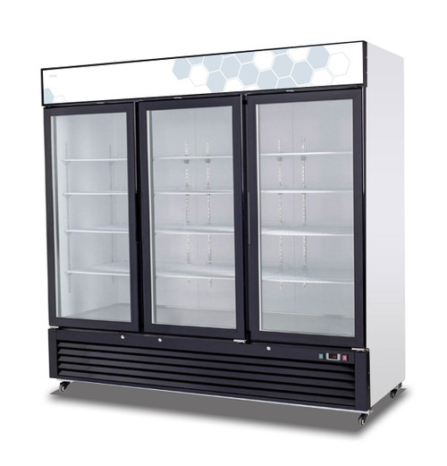 Migali C-72RM-HC Three Section Hinged Glass Door Twelve Shelf 72 cu ft 82"W White Coated Steel Competitor Series Bottom Mounted Reach-In Refrigerator Merchandisers - 72 cubic feet 82 inch wide Merchandising Refrigerators with 3 Dual Pane Swing Doors, 12 Shelves and R290 Refrigerant