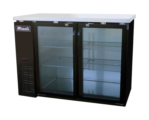 Migali C-BB48G-HC Two Section Hinged Glass Door Four Shelf 11.8 cu ft 48.75"W Black Steel Competitor Series Side Mounted Refrigerated Back Bar Storage Cabinets | 11.8 cubic feet 48.75 inch wide Back Bar Refrigerators / Coolers with 2 Swing Doors, 4 Shelves & R290 Refrigerant