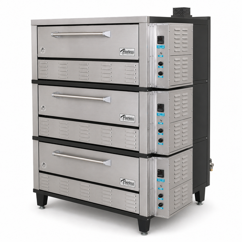 Peerless CW43BSC - 56"W Triple Stacked Gas Fired Bake & Roast Deck Oven, Steel Deck Interior, 4-Cell "Power-Pak" Burner System, 42"W x 32"D Deck Size 7"H Sections, 60,000 BTUs/Oven