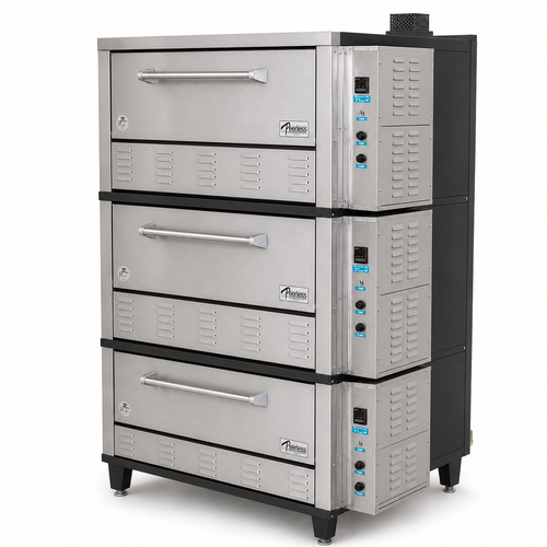 Peerless CW53BSC - 56"W Triple Stack Gas Fired Bake & Roast Deck Oven, Heavy Duty Steel Deck, 4-Cell "Power-Pak" Burner System, 42"W x 32"D Deck Size 12"H Sections, 60,000 BTUs/Oven
