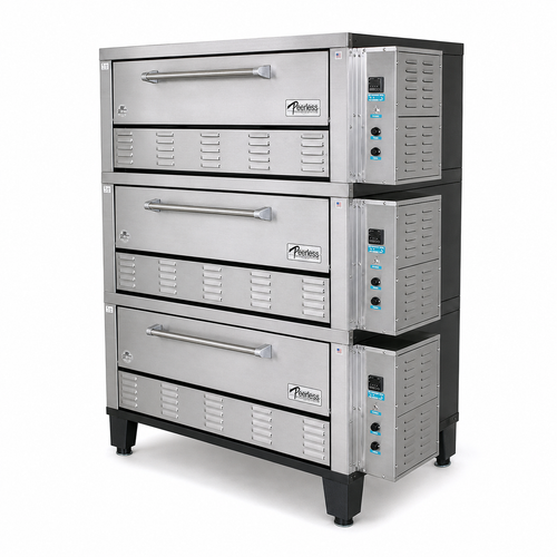 Peerless CE53BESC Electric Bake Pizza Ovens with Three 12” High Decks and 42”W x 32”D Steel Deck Interior | 50 inch Wide Triple-Stacked Stainless Steel Commercial Baking Ovens