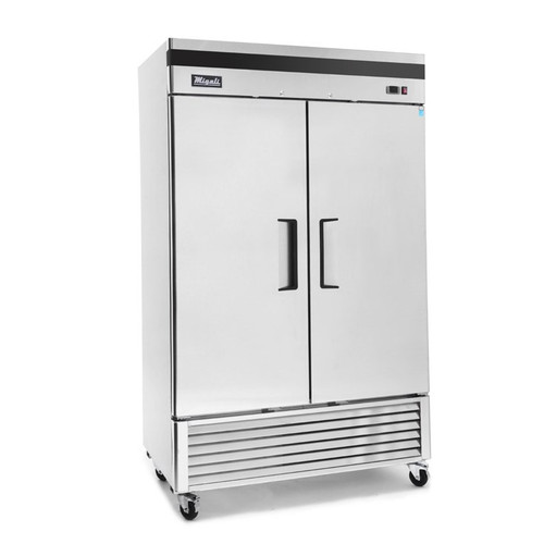 Migali C-2RB-HC - Two Section Solid Hinged Door 49 cu ft 54.4"W Stainless Steel Competitor Series Bottom Mounted Reach-In Refrigerators | 49 cubic feet 54.4 inch wide with 2 Swing Doors, 6 Shelves and R290 Refrigerant