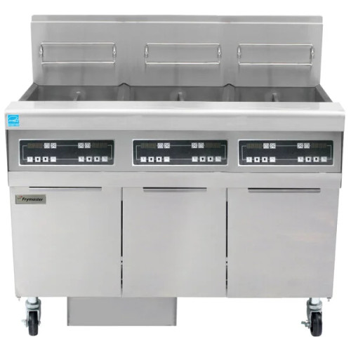 Frymaster FPPH355 High-Efficiency Commercial Gas Fryer with Built-In Filtration - (3) Unit. 150 lb Open Pot Floor Fryer w/ Digital Controls - 240,000 BTU