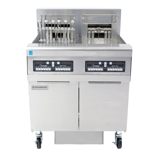Frymaster FPRE214 High Efficiency Electric Floor Fryer - (2) 50 lb Open Pot Built-In Filtration w/ CM3.5 Controls - 14 KW/ Pot