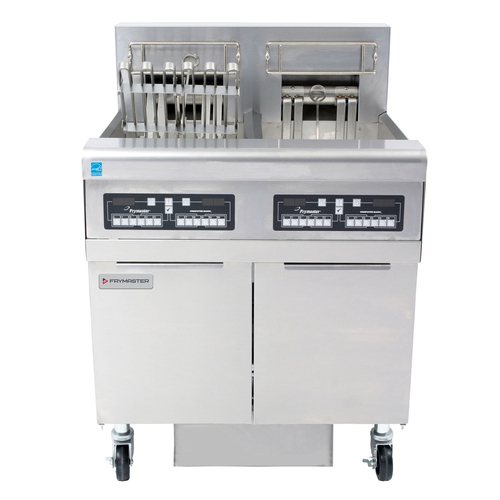 Frymaster FPRE214TC High Efficiency Electric Floor Fryer - (2) 50 lb Open Pot Built-In Filtration w/ CM3.5 Controls - Triac Control 14 KW/Pot