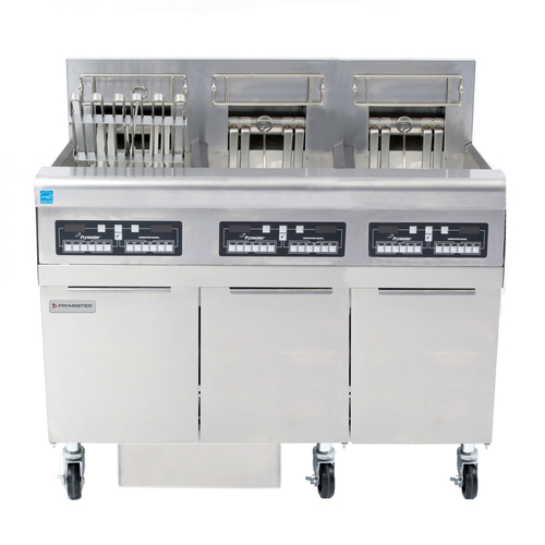 Frymaster FPRE314TC High Efficiency Electric Floor Fryer - (3) 50 lb Open Pot Built-In Filtration w/ CM3.5 Controls - Triac Control 14 KW/Pot