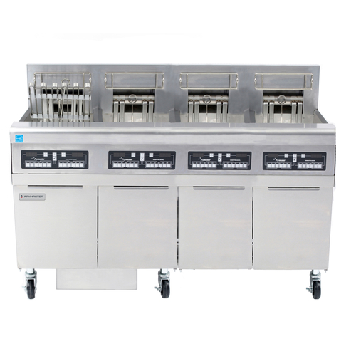 Frymaster FPRE414TC High Efficiency Electric Floor Fryer - (4) 50 lb Open Pot Built-In Filtration w/ CM3.5 Controls - Triac Control 14 KW/Pot