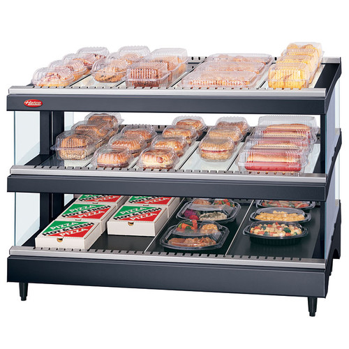 Hatco GR3SDS-27D 27.18"W Glo-Ray® Slant Heated Glass Merchandising Warmer, Countertop Display, 2 Shelves, 15 Rods, 1769 Watts, LED Lighting, Thermostat, Heated Glass Shelves